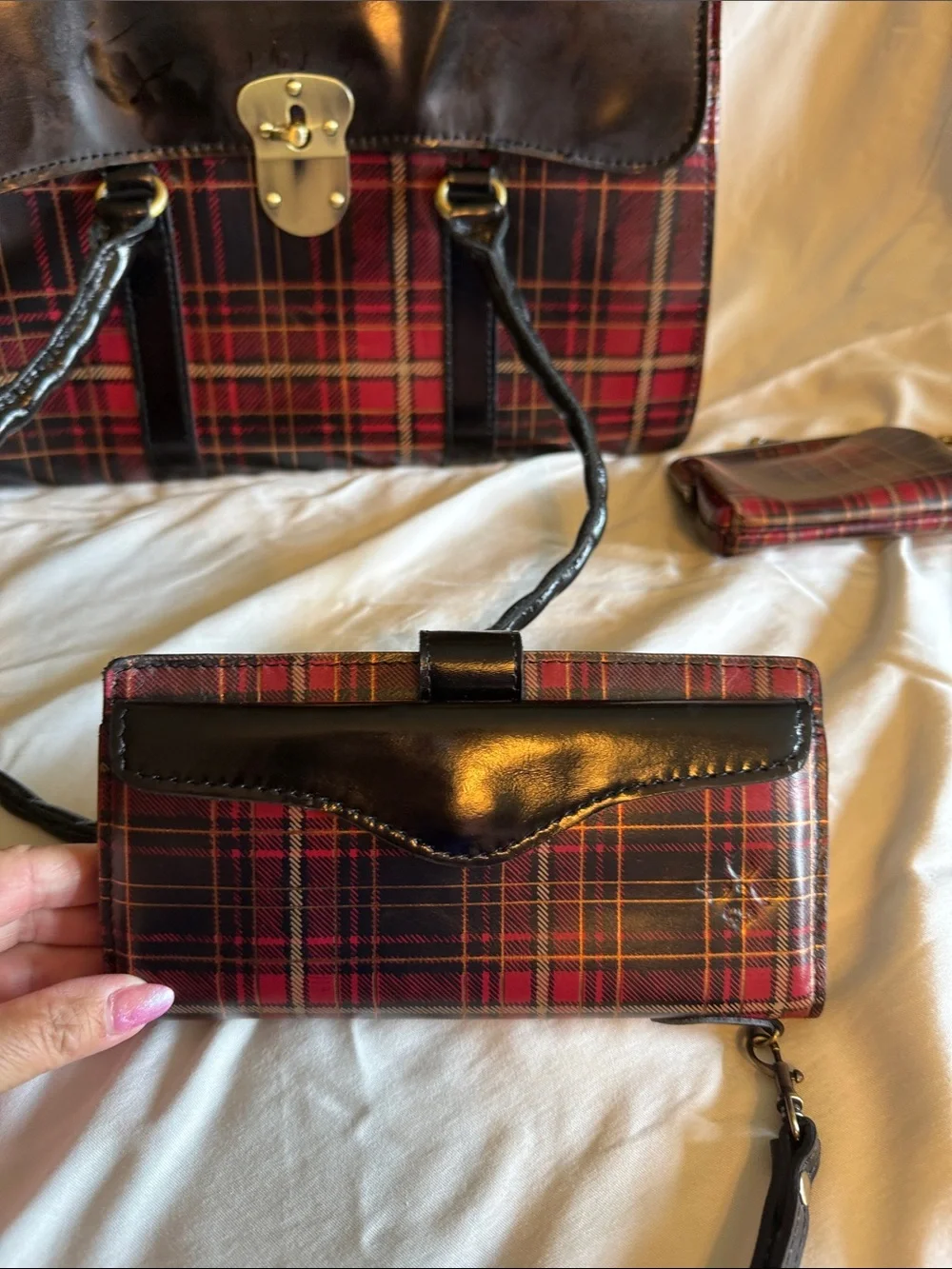 Patricia Nash Black & Red Plaid Leather-Trim Satchel Bag with Matching Wallets